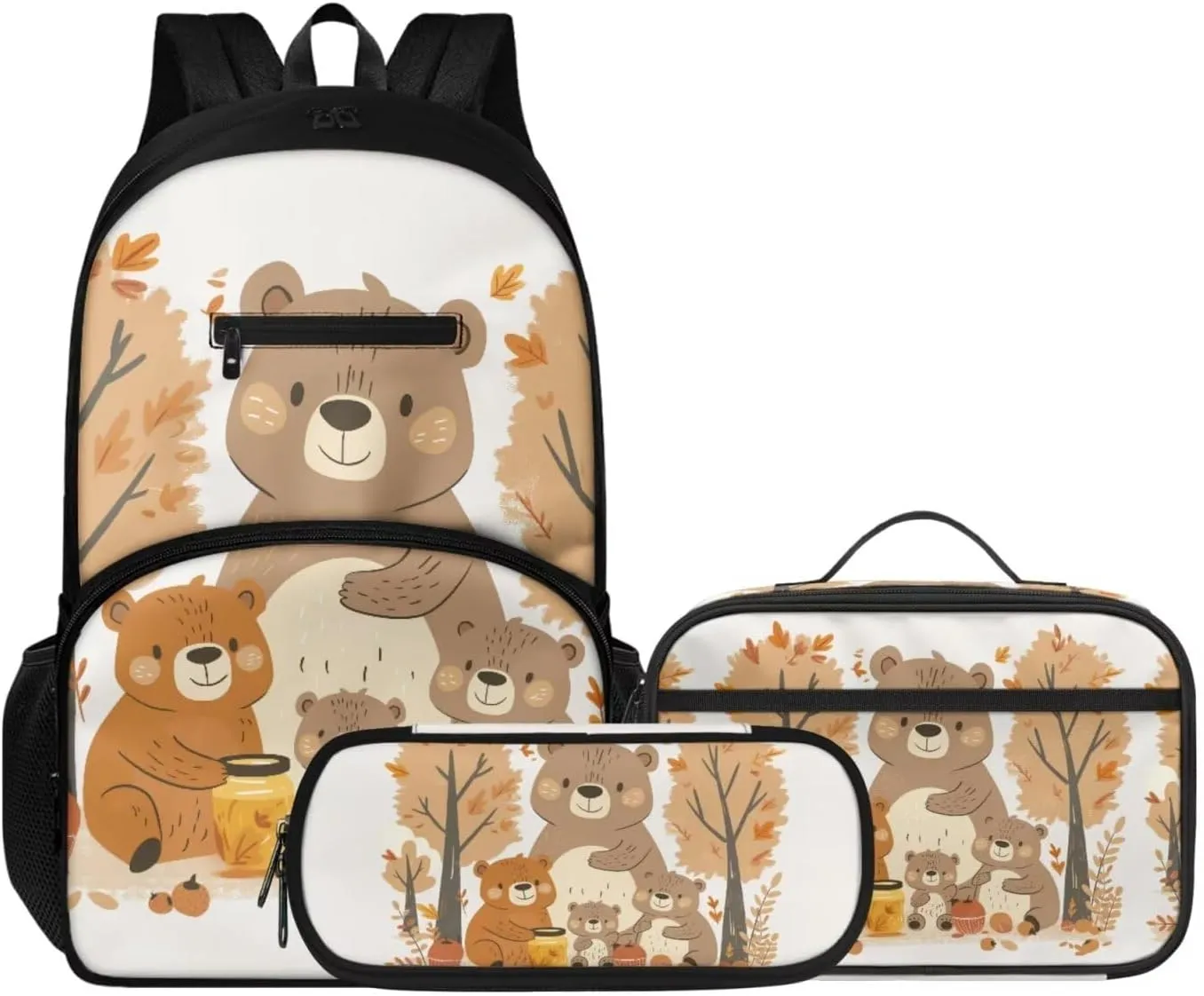 3 Pcs Backpack, Water Resistant Men Women School Bag With Lunch Box 17 Inch Bookbag Set For College Teenagers Bear Family Print Back to School Season Gifts