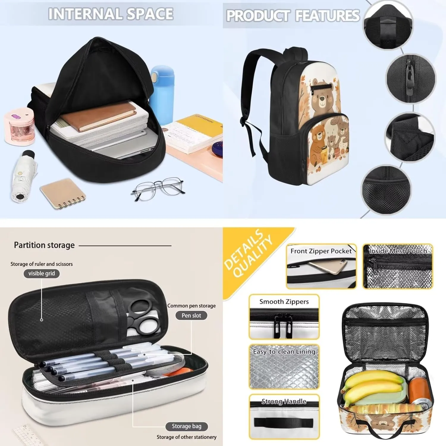 3 Pcs Backpack, Water Resistant Men Women School Bag With Lunch Box 17 Inch Bookbag Set For College Teenagers Bear Family Print Back to School Season Gifts