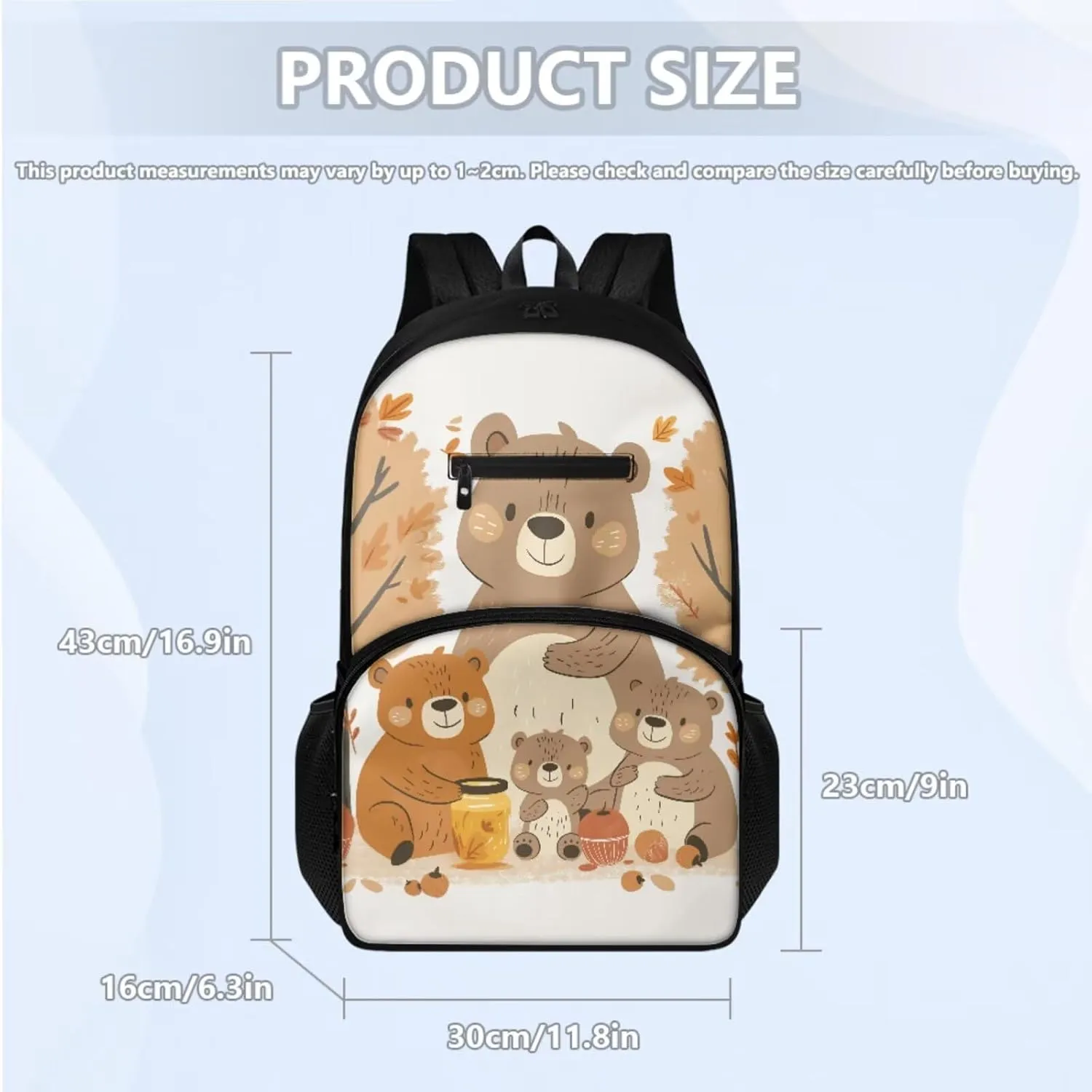 3 Pcs Backpack, Water Resistant Men Women School Bag With Lunch Box 17 Inch Bookbag Set For College Teenagers Bear Family Print Back to School Season Gifts