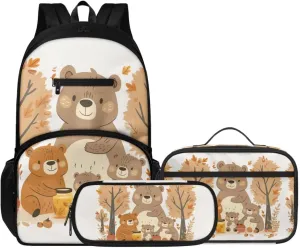 3 Pcs Backpack, Water Resistant Men Women School Bag With Lunch Box 17 Inch Bookbag Set For College Teenagers Bear Family Print Back to School Season Gifts