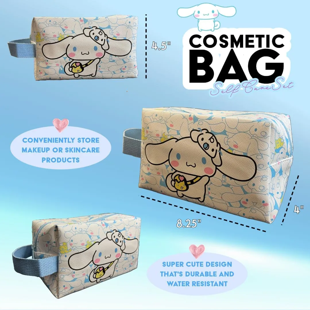 4 Piece Self Care Set Makeup Bag Kawaii Anime Cute Cosmetic Travel with Headband Wristband Hair Clips Beauty Cartoon (Blue Roll)