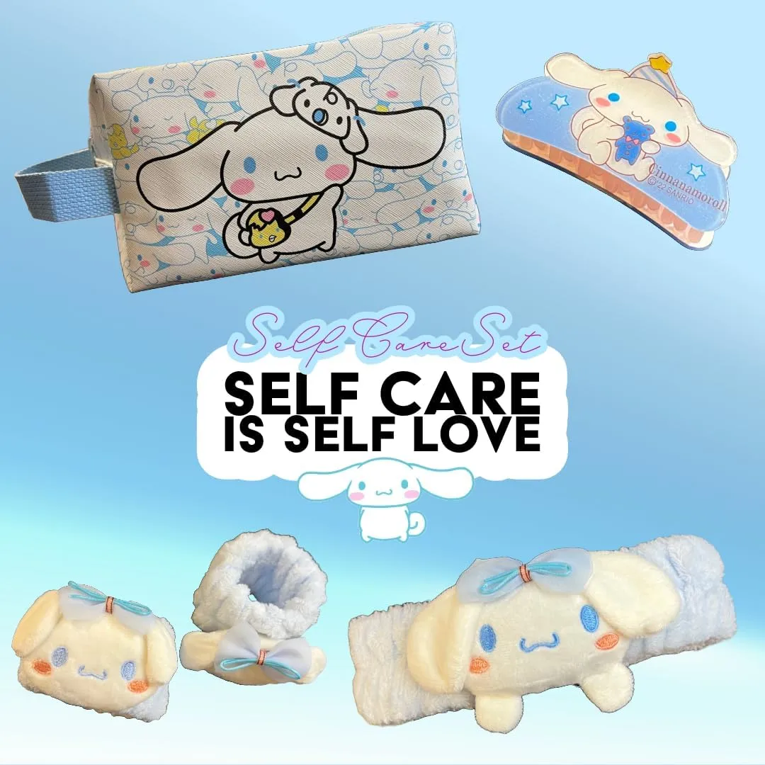 4 Piece Self Care Set Makeup Bag Kawaii Anime Cute Cosmetic Travel with Headband Wristband Hair Clips Beauty Cartoon (Blue Roll)