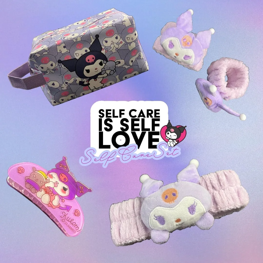 4 Piece Self Care Set Makeup Bag Kawaii Anime Cute Cosmetic Travel with Headband Wristband Hair Clips Beauty Cartoon (Purpleromi)