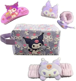 4 Piece Self Care Set Makeup Bag Kawaii Anime Cute Cosmetic Travel with Headband Wristband Hair Clips Beauty Cartoon (Purpleromi)