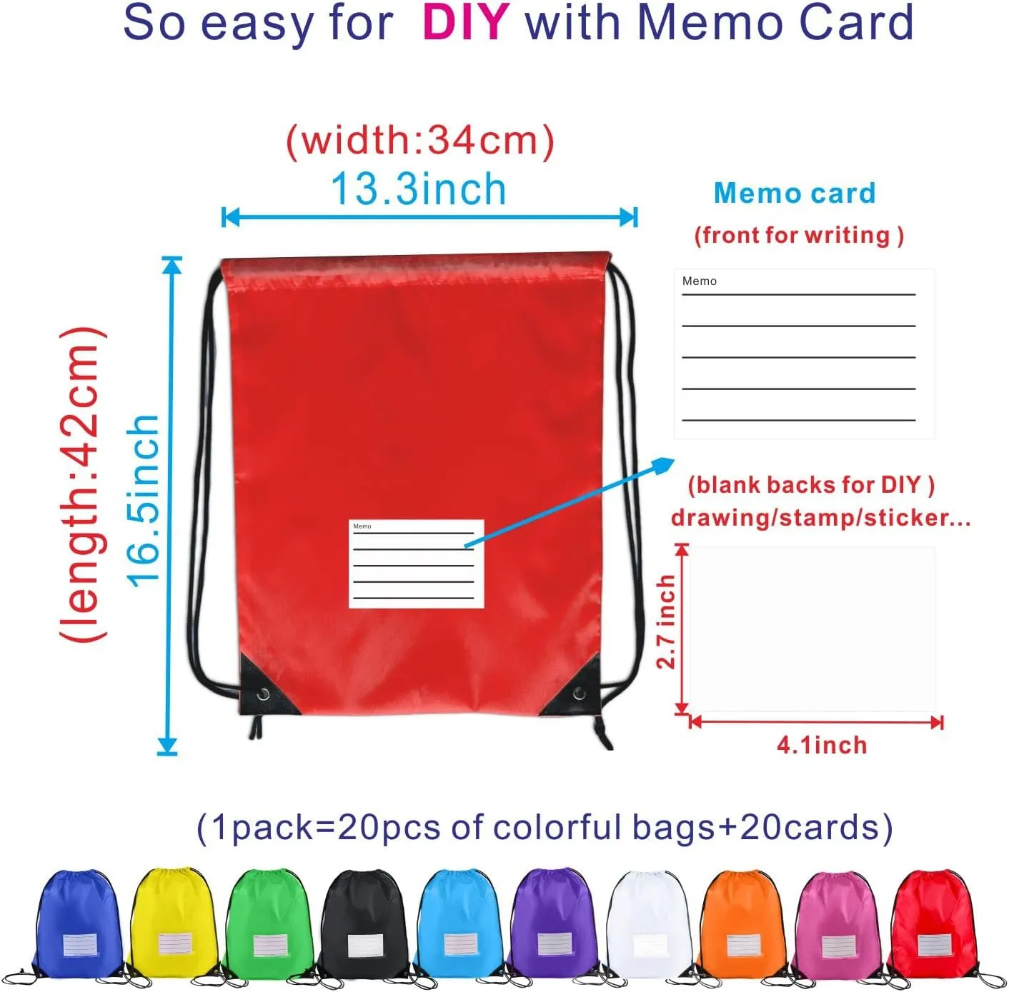 40 Drawstring Backpack Bags, 10 Colors, load15laptop, A4 Book for working Gym and Sports