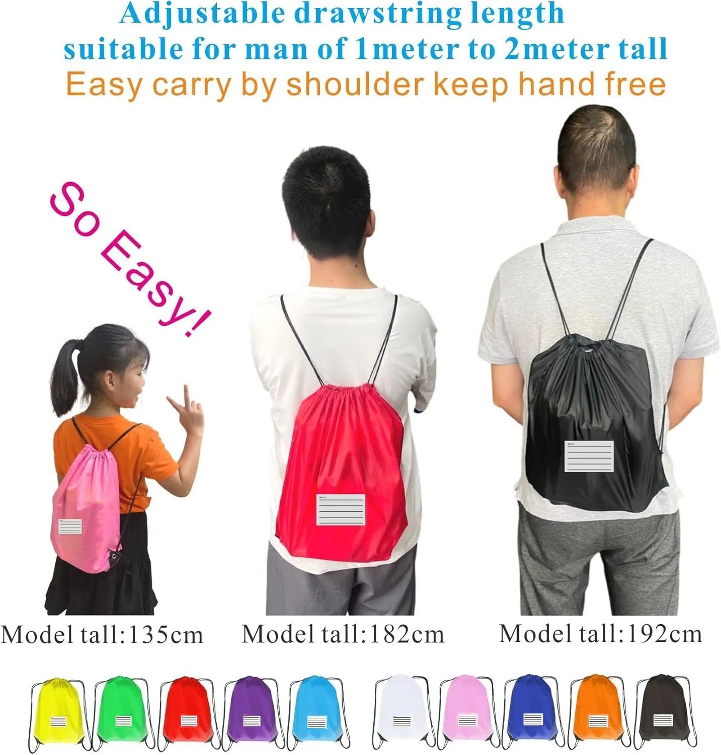40 Drawstring Backpack Bags, 10 Colors, load15laptop, A4 Book for working Gym and Sports