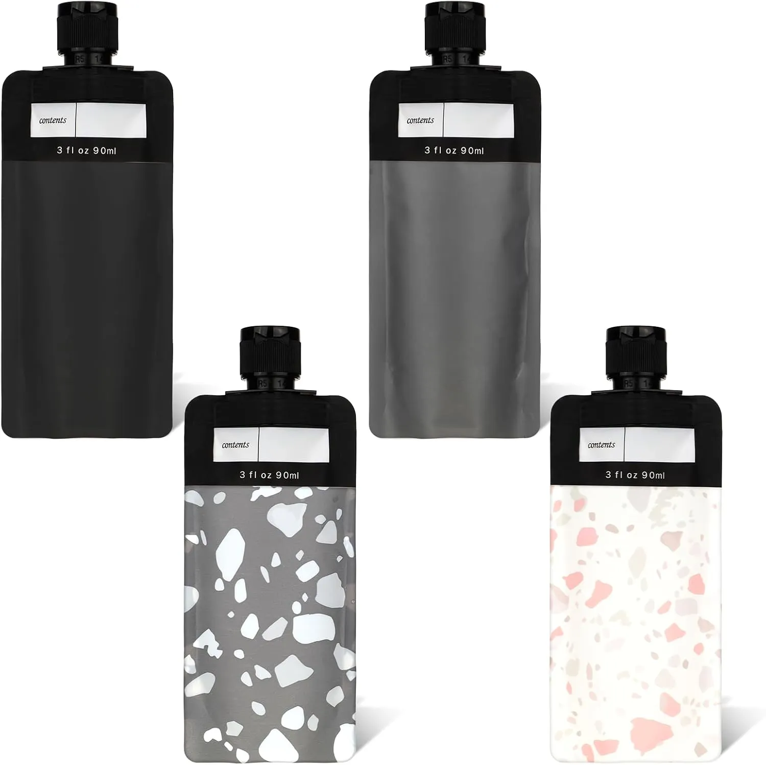 4PCS Travel Pouches for Toiletries, 3oz Refillable Leak Proof Empty Squeeze Pouches, Portable Travel Fluid Makeup Packing Pouches for Shampoo Conditioner Lotion Body Wash, Style 2