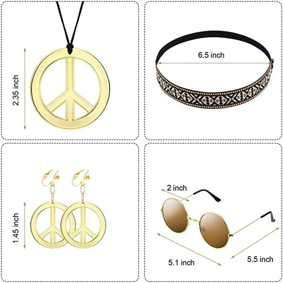 60s 70s Outfits for Women Party Accessories Peace Sign Earring Headband Fringe Vest Tassel Cardigan
