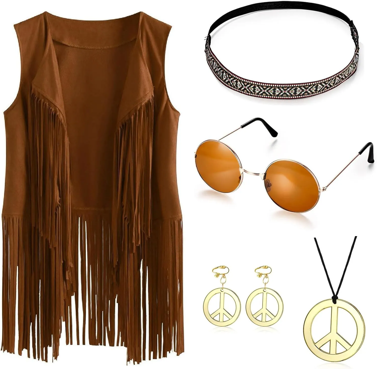 60s 70s Outfits for Women Party Accessories Peace Sign Earring Headband Fringe Vest Tassel Cardigan