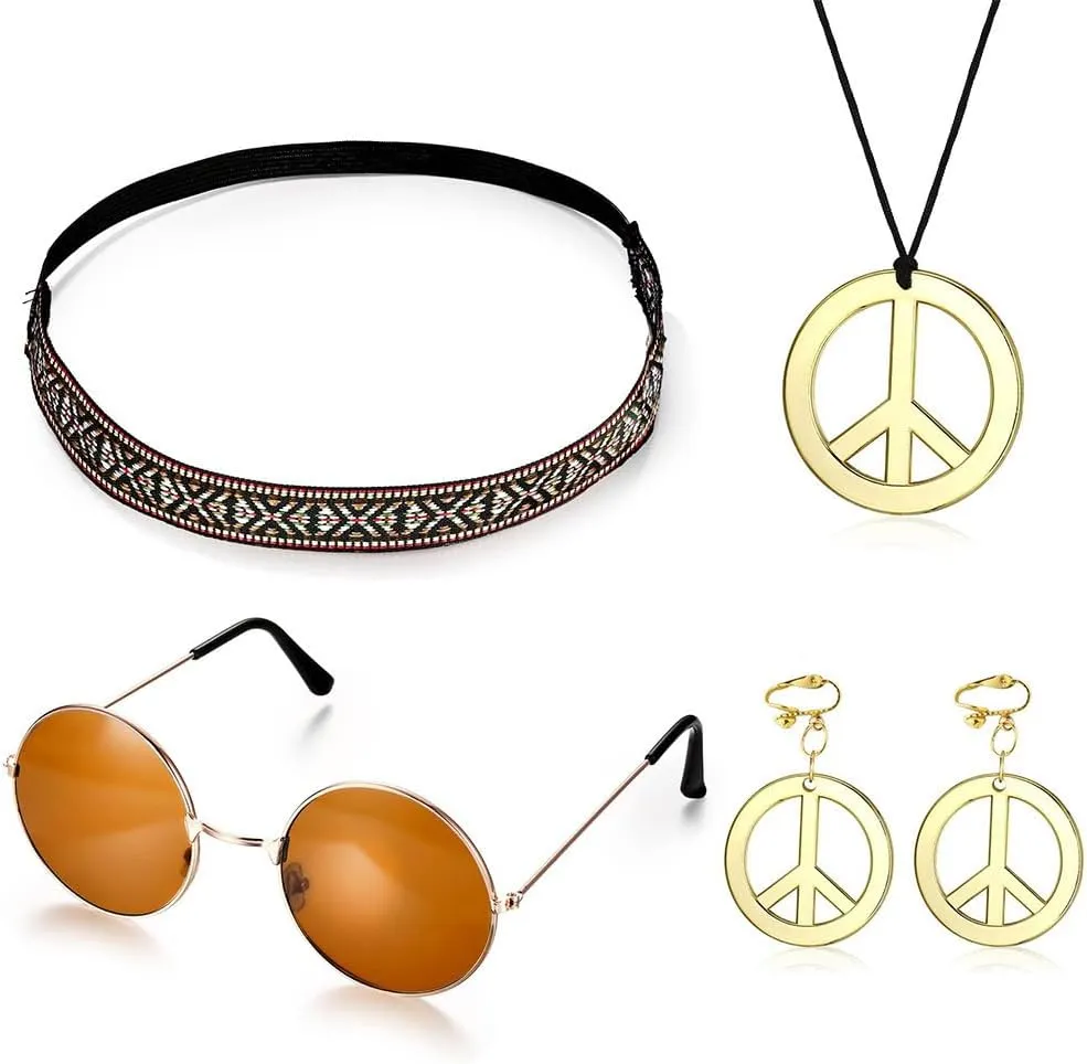 60s 70s Outfits for Women Party Accessories Peace Sign Earring Headband Fringe Vest Tassel Cardigan