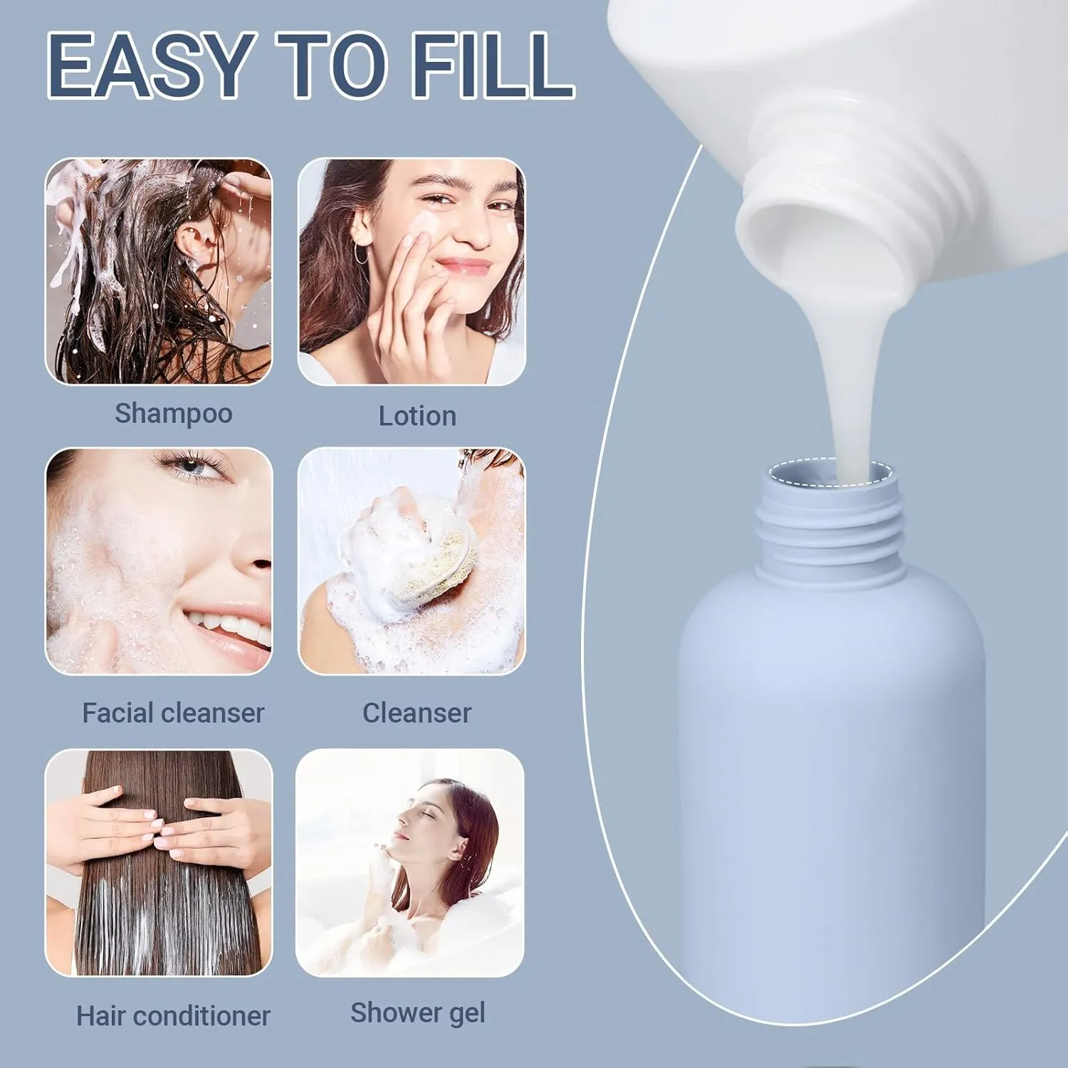 6.8oz Travel Bottles for Toiletries, Empty Plastic Squeeze Bottles with Flip Cap, Lotion Container for Toiletries Travel Size Shampoo and Conditioner (3 pack, bule)