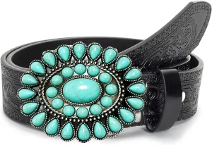 Adjustable Vintage Western-Belts for Women Men Engraved Buckle-Belts Cowboy-Cowgirl-Belt (Waist for 29"-39")