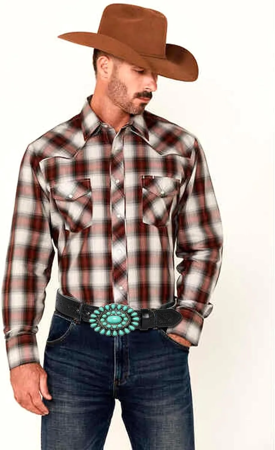 Adjustable Vintage Western-Belts for Women Men Engraved Buckle-Belts Cowboy-Cowgirl-Belt (Waist for 29"-39")
