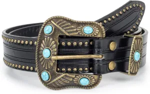 Adjustable Vintage Western-Belts for Women Men Engraved Buckle-Belts Cowboy-Cowgirl-Belt (Waist for 29"-39")