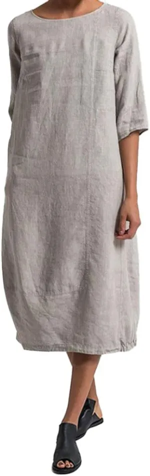 Akivide Women Cotton Linen Half Sleeve Midi Dress Crewneck Summer Casual Loose Flowy Beach Dress