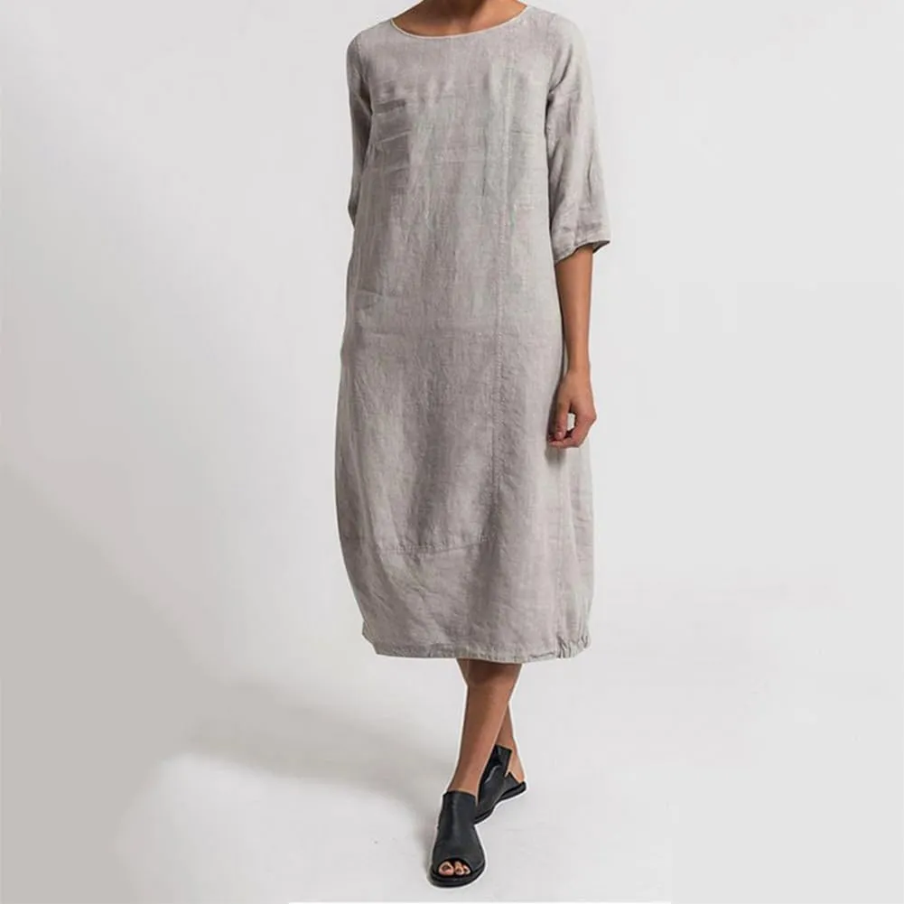 Akivide Women Cotton Linen Half Sleeve Midi Dress Crewneck Summer Casual Loose Flowy Beach Dress