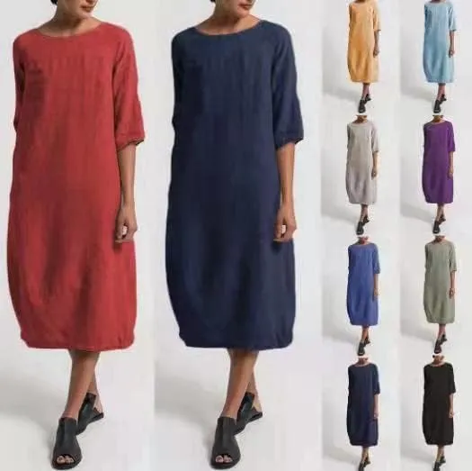 Akivide Women Cotton Linen Half Sleeve Midi Dress Crewneck Summer Casual Loose Flowy Beach Dress