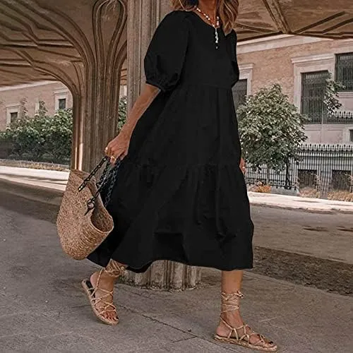 Akivide Women Cotton Linen Short Sleeve Maxi Dress Crewneck Tiered Solid Summer Casual Loose Flowy Beach Tshirt Dress