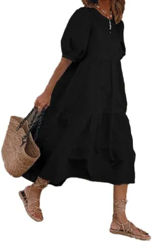 Akivide Women Cotton Linen Short Sleeve Maxi Dress Crewneck Tiered Solid Summer Casual Loose Flowy Beach Tshirt Dress