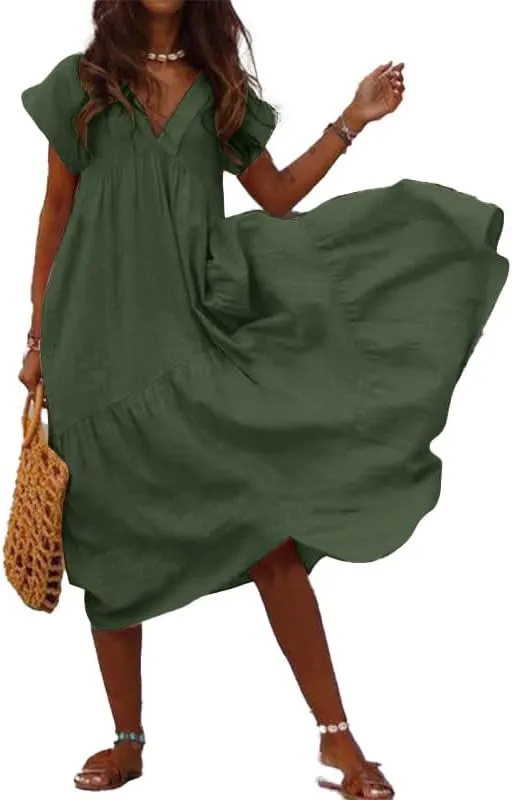 Akivide Women Summer Cotton Linen Loose Flowy Maxi Dress Short Sleeve V Neck Tiered Solid Casual Beach Tshirt Dress