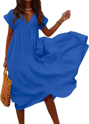 Akivide Women Summer Cotton Linen Loose Flowy Maxi Dress Short Sleeve V Neck Tiered Solid Casual Beach Tshirt Dress