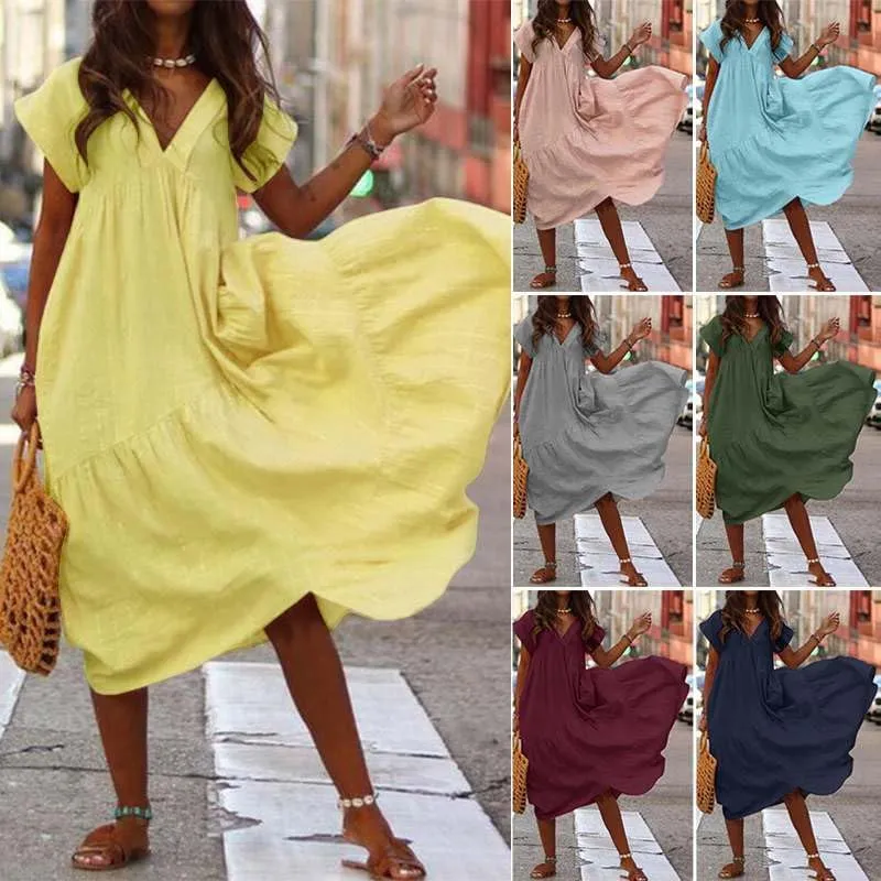 Akivide Women Summer Cotton Linen Loose Flowy Maxi Dress Short Sleeve V Neck Tiered Solid Casual Beach Tshirt Dress