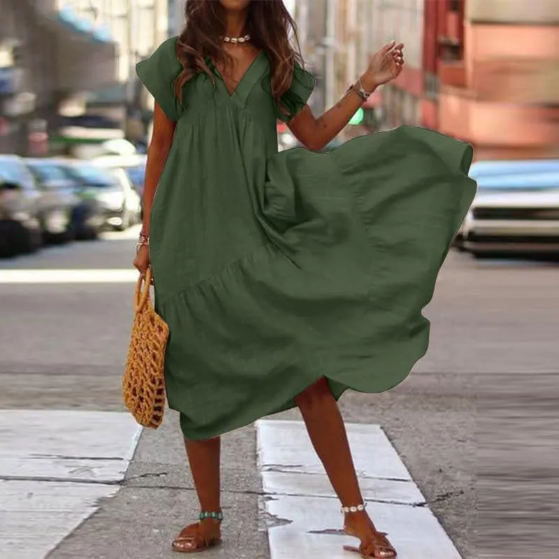 Akivide Women Summer Cotton Linen Loose Flowy Maxi Dress Short Sleeve V Neck Tiered Solid Casual Beach Tshirt Dress