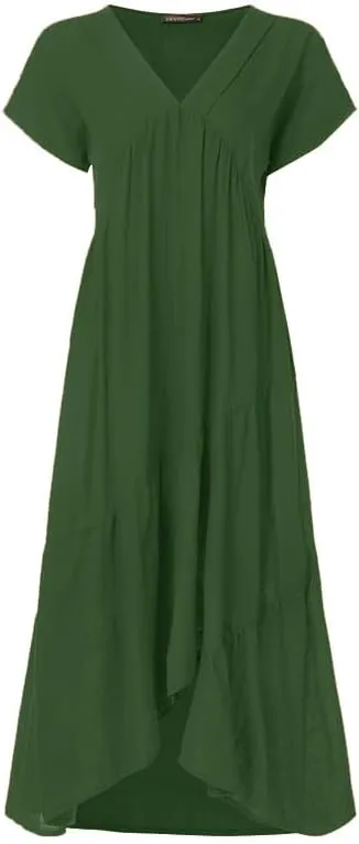 Akivide Women Summer Cotton Linen Loose Flowy Maxi Dress Short Sleeve V Neck Tiered Solid Casual Beach Tshirt Dress