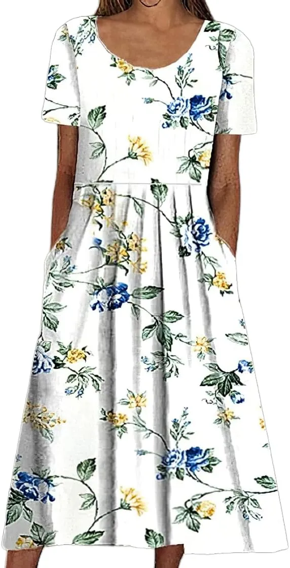 Akivide Womens Boho Floral Flowy Midi Dresses Casual Loose Summer Short Sleeve Beach Dress with Pockets