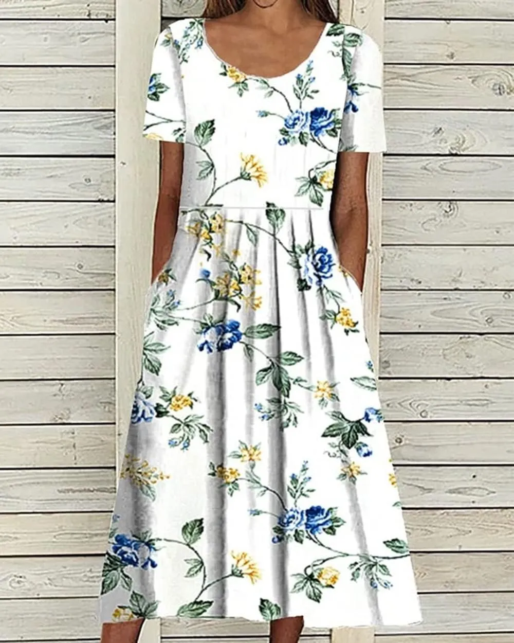 Akivide Womens Boho Floral Flowy Midi Dresses Casual Loose Summer Short Sleeve Beach Dress with Pockets