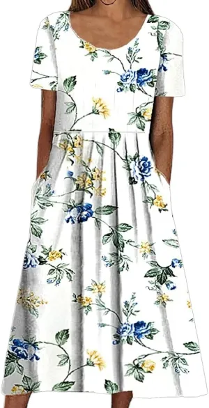 Akivide Womens Boho Floral Flowy Midi Dresses Casual Loose Summer Short Sleeve Beach Dress with Pockets