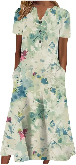 Akivide Womens Short Sleeve Summer Boho Floral Maxi Dress Casual Loose Beach Dresses with Pockets