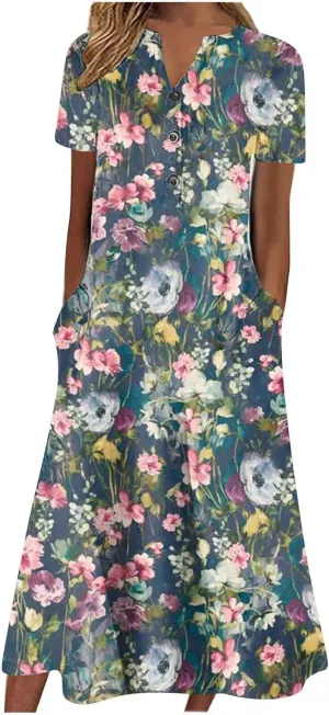 Akivide Womens Short Sleeve Summer Boho Floral Maxi Dress Casual Loose Beach Dresses with Pockets
