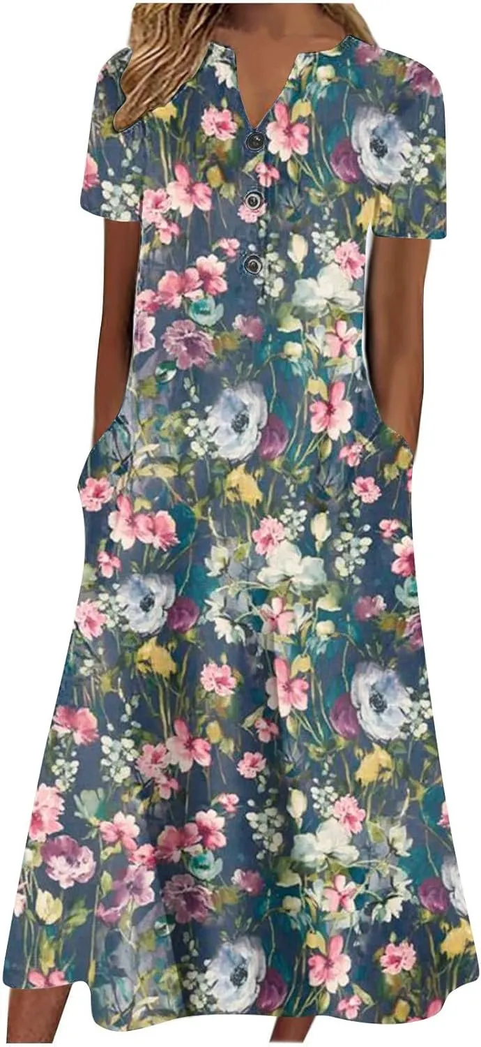 Akivide Womens Short Sleeve Summer Boho Floral Maxi Dress Casual Loose Beach Dresses with Pockets