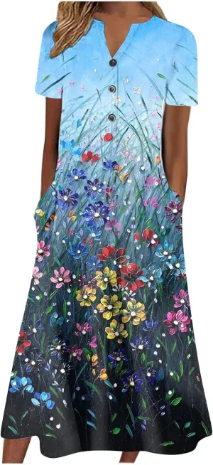 Akivide Womens Short Sleeve Summer Boho Floral Maxi Dress Casual Loose Beach Dresses with Pockets