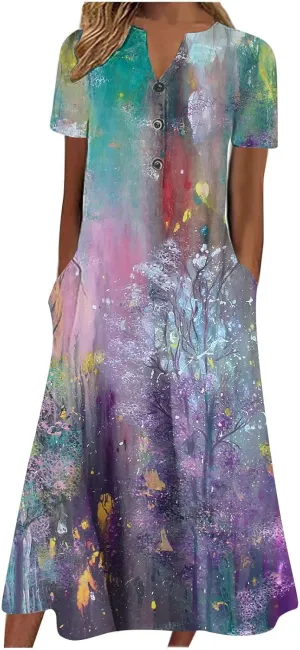 Akivide Womens Short Sleeve Summer Boho Floral Maxi Dress Casual Loose Beach Dresses with Pockets