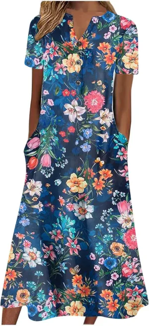 Akivide Womens Short Sleeve Summer Boho Floral Maxi Dress Casual Loose Beach Dresses with Pockets