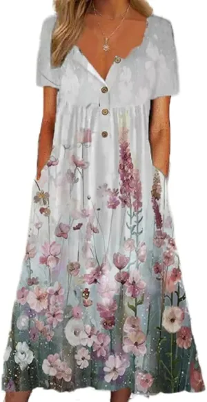 Akivide Women's Summer Boho Floral Print Maxi Dresses Short Sleeve V Neck Casual Loose Dress with Pockets