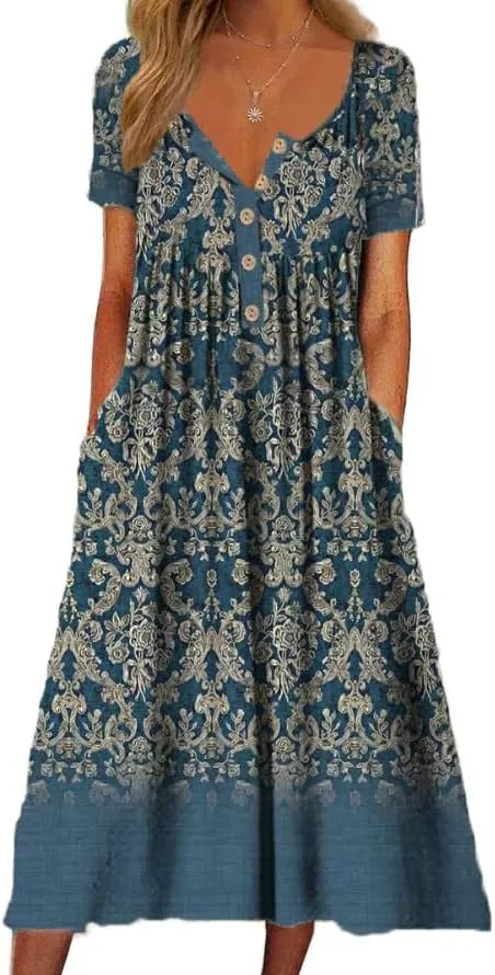 Akivide Women's Summer Boho Floral Print Maxi Dresses Short Sleeve V Neck Casual Loose Dress with Pockets