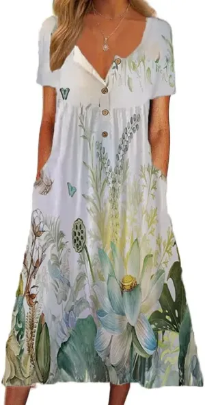 Akivide Women's Summer Boho Floral Print Maxi Dresses Short Sleeve V Neck Casual Loose Dress with Pockets