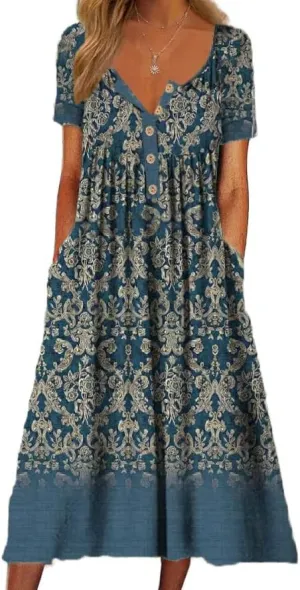 Akivide Women's Summer Boho Floral Print Maxi Dresses Short Sleeve V Neck Casual Loose Dress with Pockets