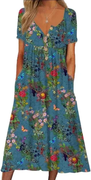 Akivide Women's Summer Boho Floral Print Maxi Dresses Short Sleeve V Neck Casual Loose Dress with Pockets