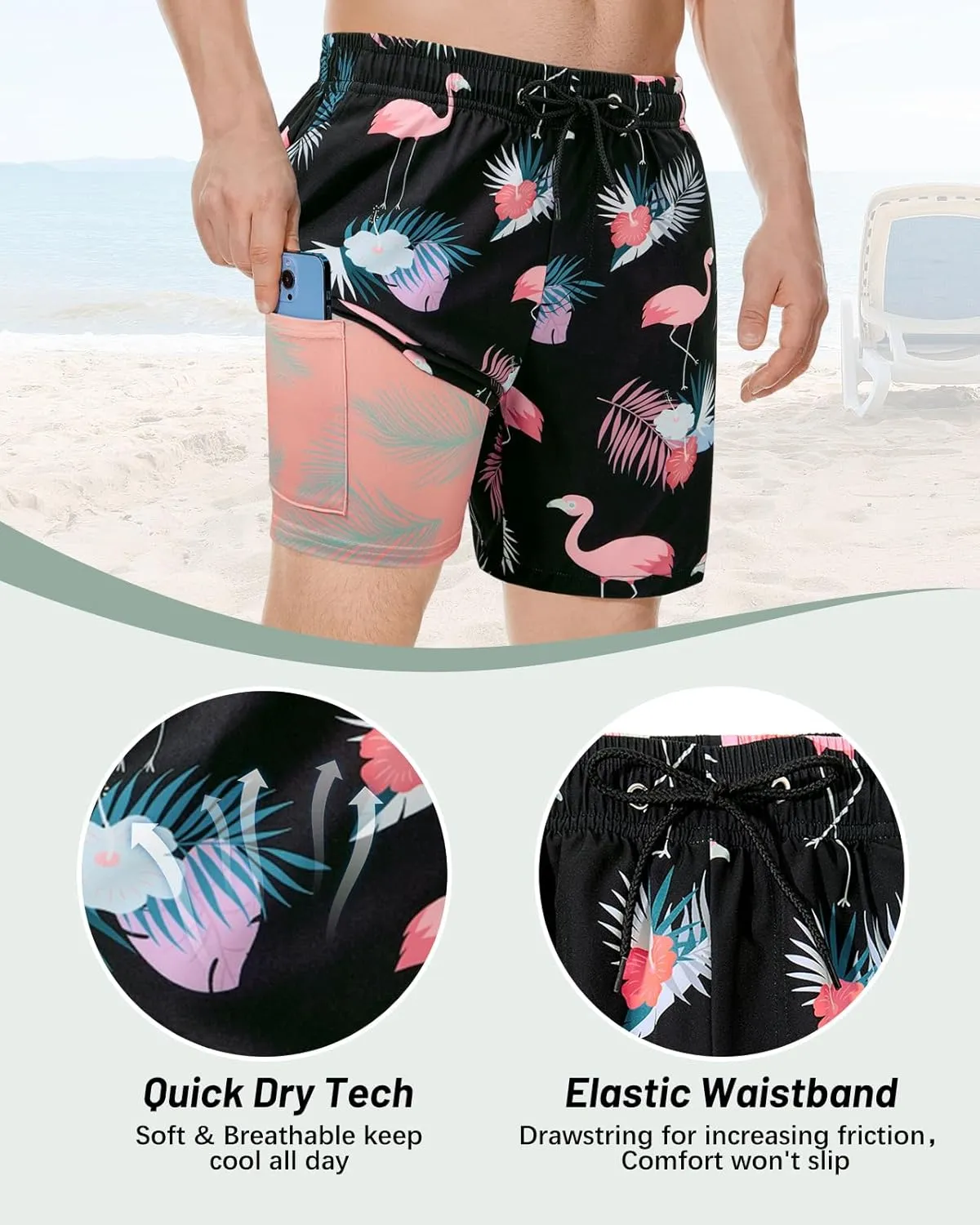 American Trends Men's Swim Trunks Board Shorts Quick Dry Mens Swimming Trunks with Compression Liner