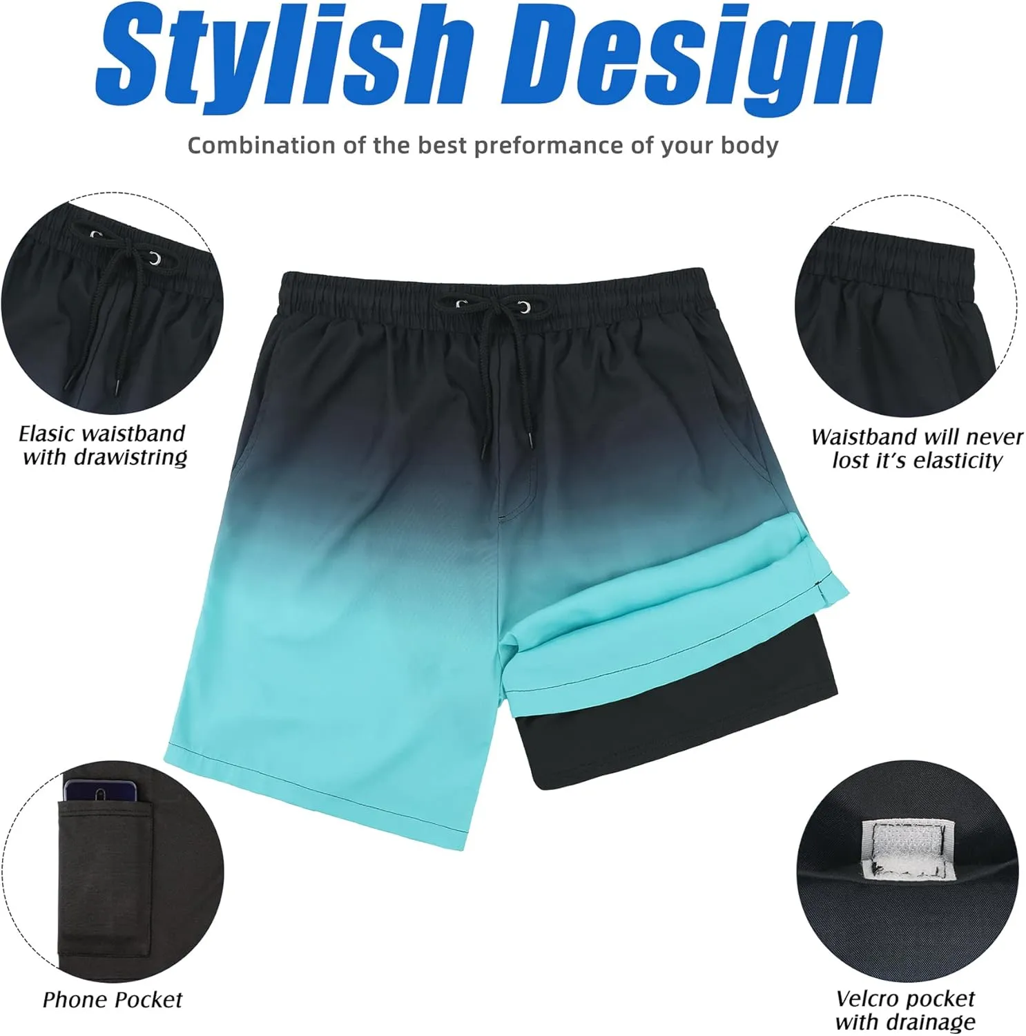 American Trends Men's Swim Trunks Board Shorts Quick Dry Mens Swimming Trunks with Compression Liner