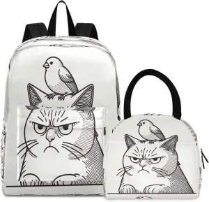 Annoyed Cat with Canary on its Head Kids' Backpacks Waterproof Soft Cooler, Girls Backpack Elementary School