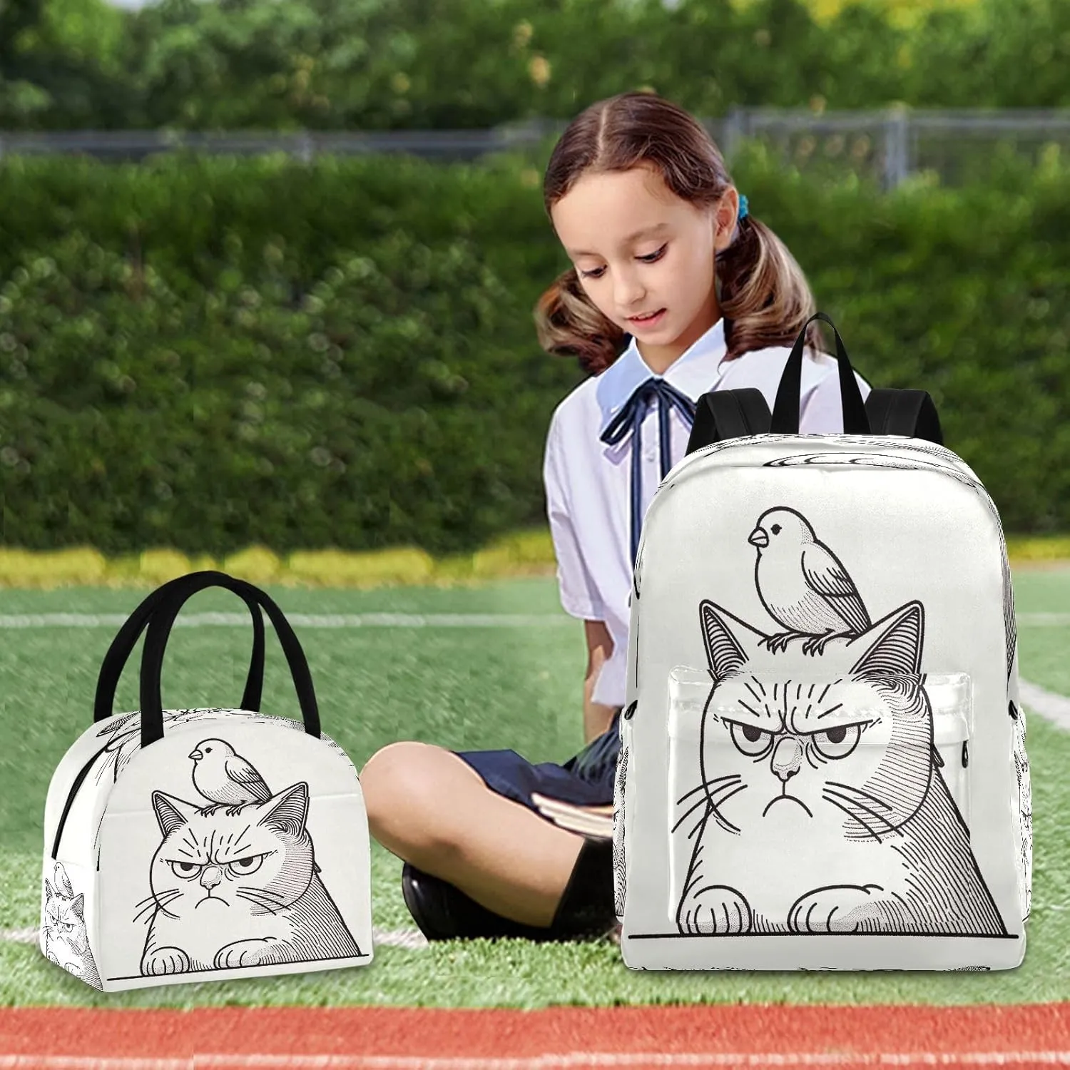 Annoyed Cat with Canary on its Head Kids' Backpacks Waterproof Soft Cooler, Girls Backpack Elementary School