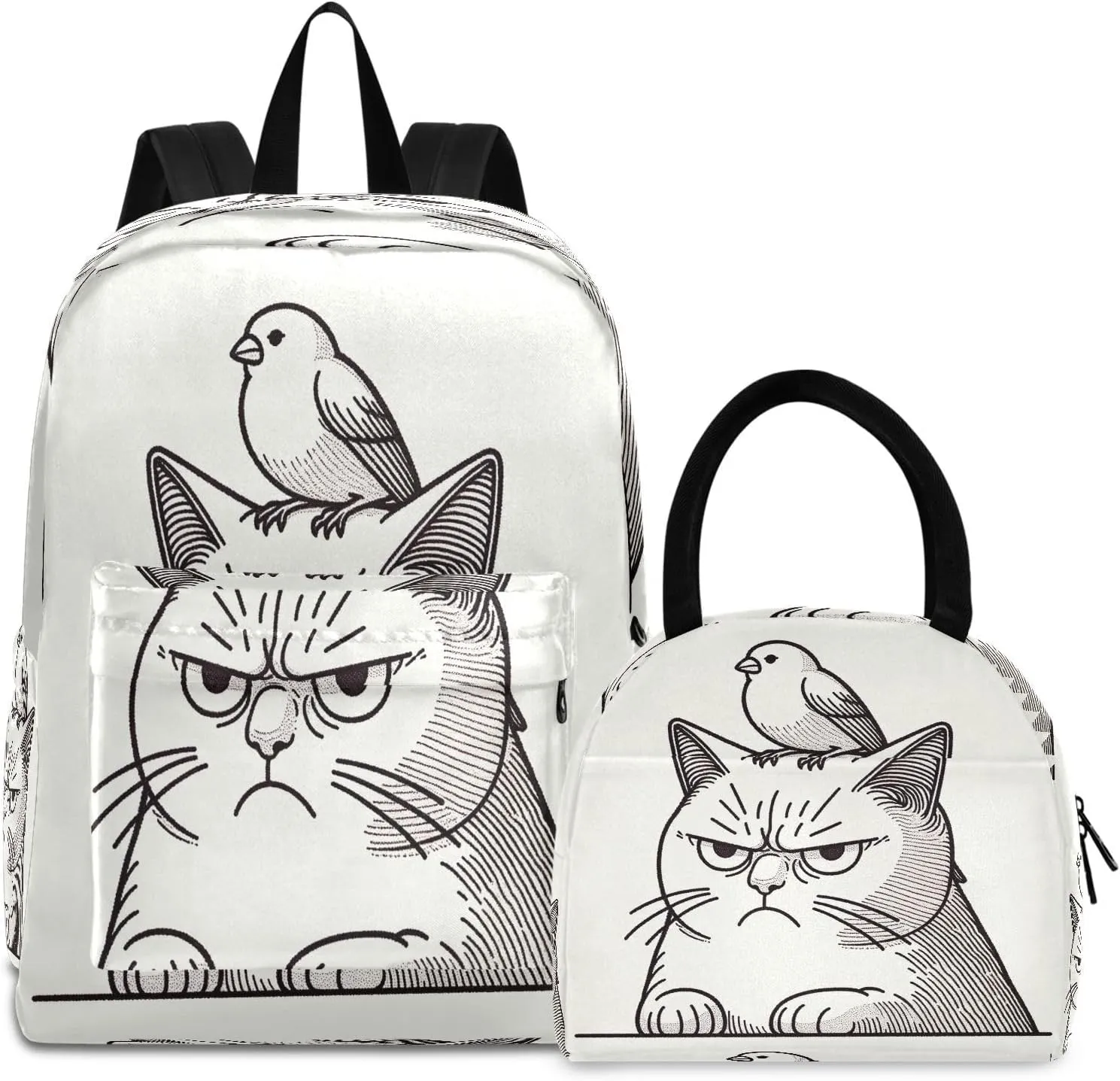 Annoyed Cat with Canary on its Head Kids' Backpacks Waterproof Soft Cooler, Girls Backpack Elementary School