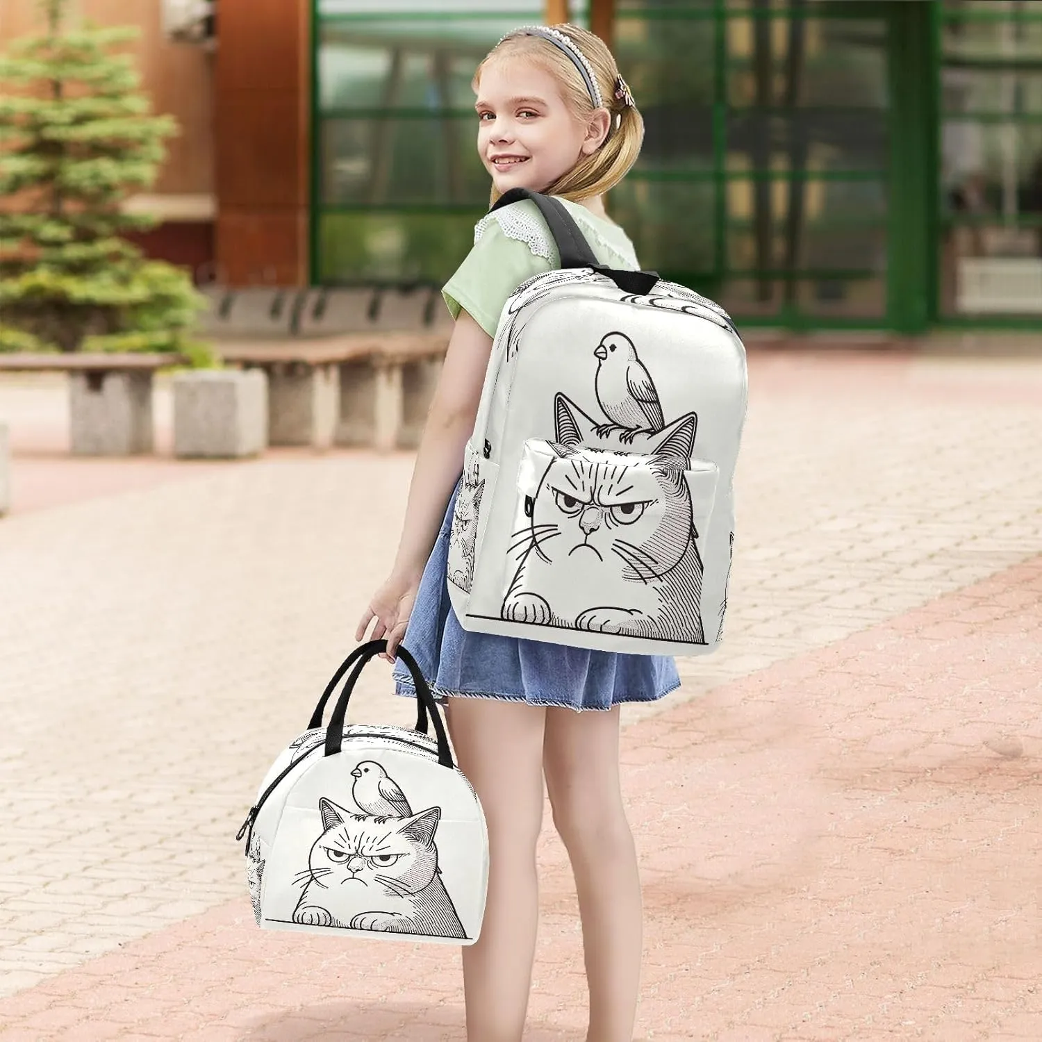 Annoyed Cat with Canary on its Head Kids' Backpacks Waterproof Soft Cooler, Girls Backpack Elementary School