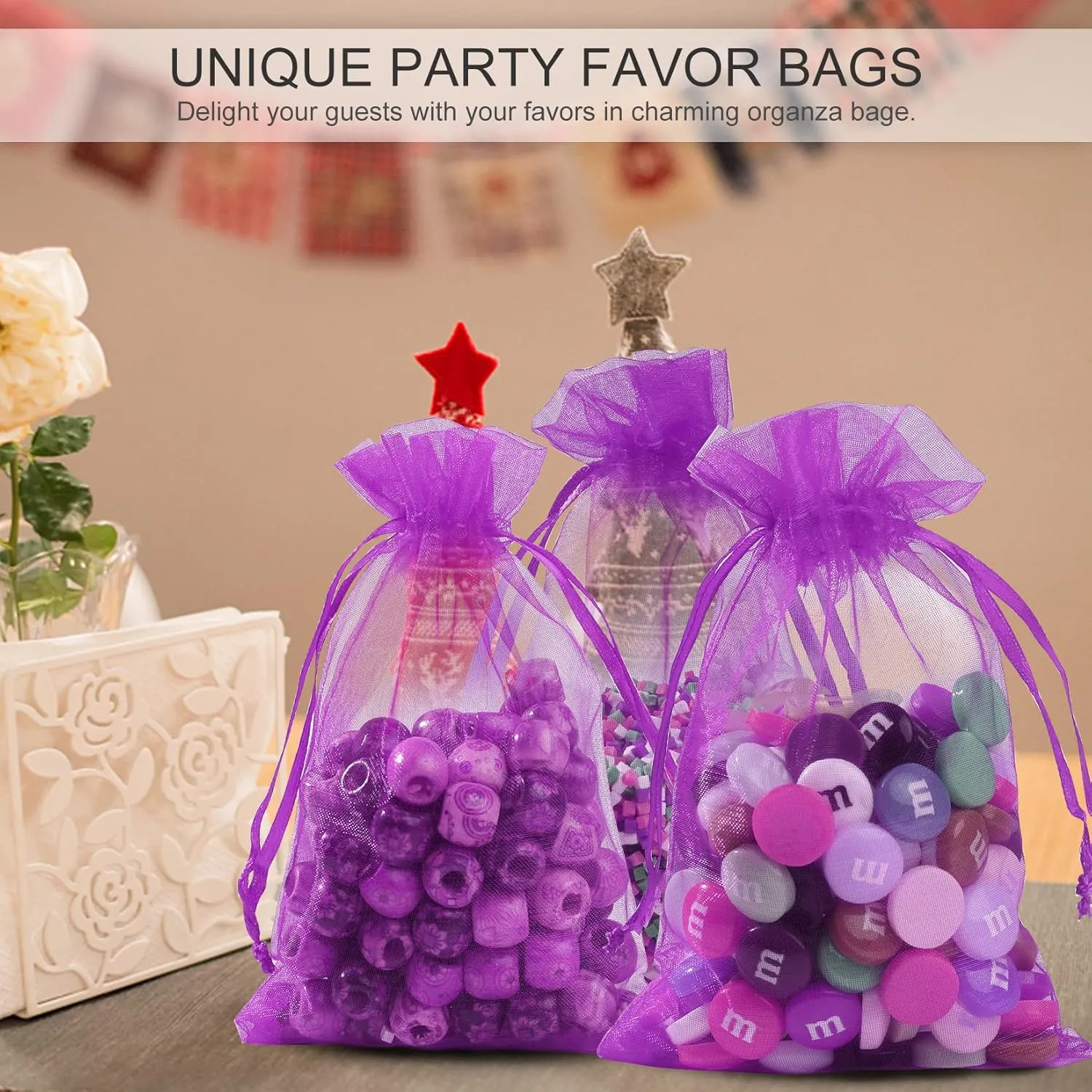 ANZNKU 100 PCS Small Organza Bags 4x6 Inches, Purple Gift Drawstring Pouches For Party Festival Earrings Cosmetic Favor Mesh Gift Bags