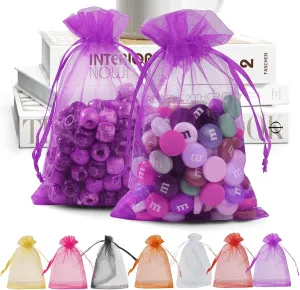 ANZNKU 100 PCS Small Organza Bags 4x6 Inches, Purple Gift Drawstring Pouches For Party Festival Earrings Cosmetic Favor Mesh Gift Bags